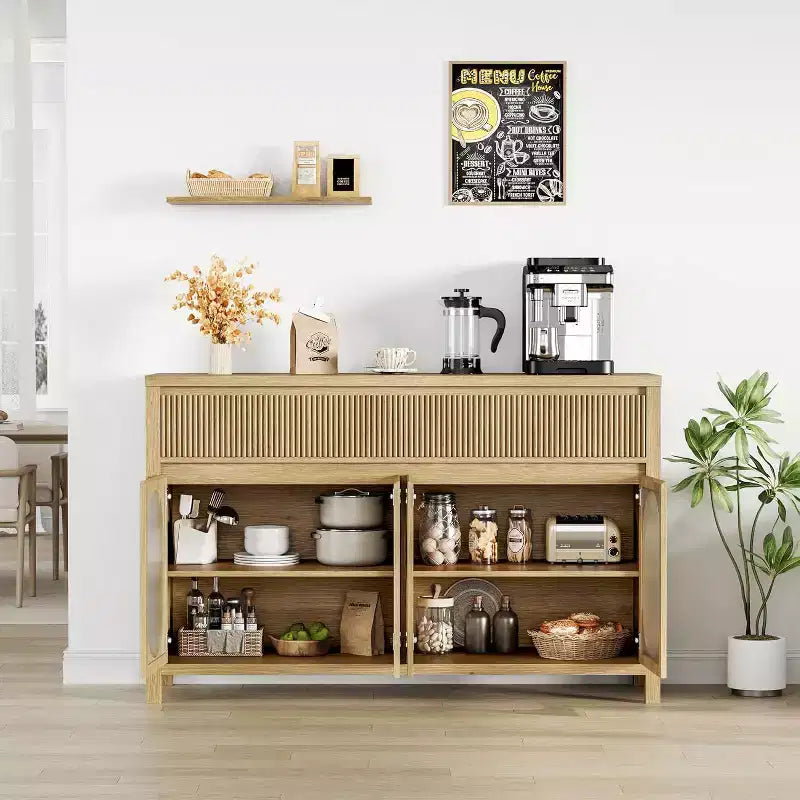 Bahut-buffet large 55 po avec rangement et 2 façades de tiroirs cannelées, couleur naturelle