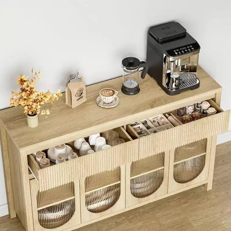 Bahut-buffet large 55 po avec rangement et 2 façades de tiroirs cannelées, couleur naturelle
