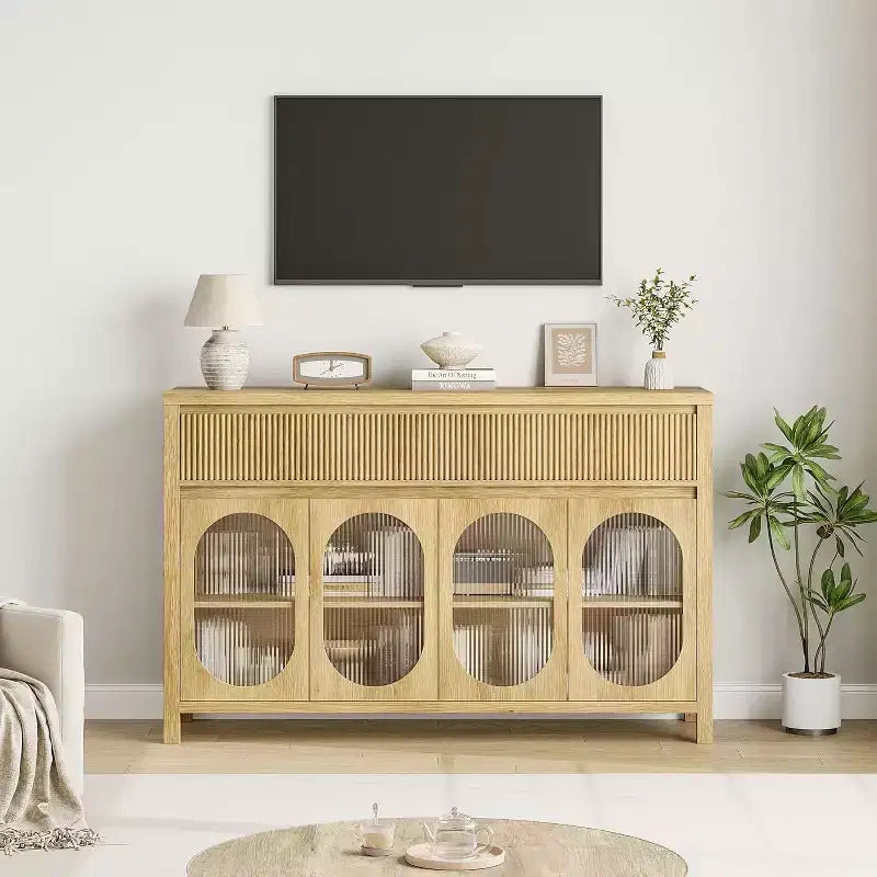 Bahut-buffet large 55 po avec rangement et 2 façades de tiroirs cannelées, couleur naturelle