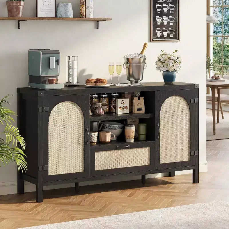 Buffet de 59 po avec rangement, armoire de cuisine de style campagnard avec étagères réglables