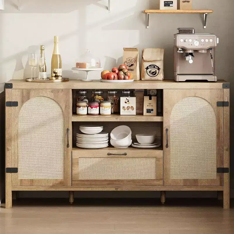 Buffet de 59 po avec rangement, armoire de cuisine de style campagnard avec étagères réglables