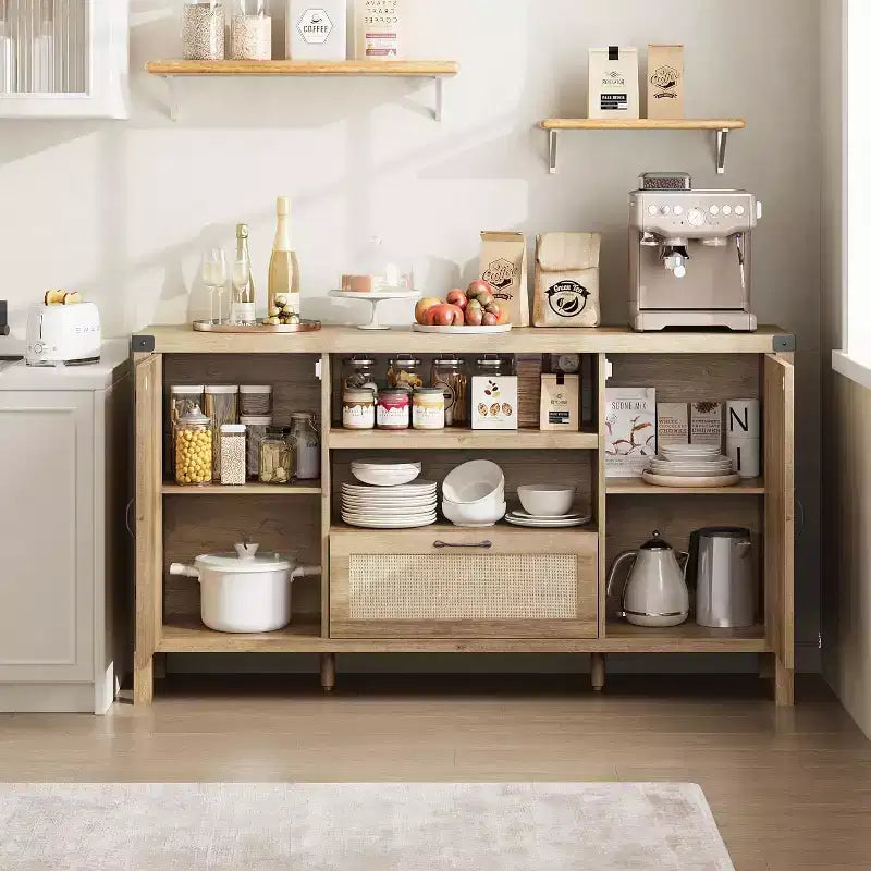 Buffet de 59 po avec rangement, armoire de cuisine de style campagnard avec étagères réglables