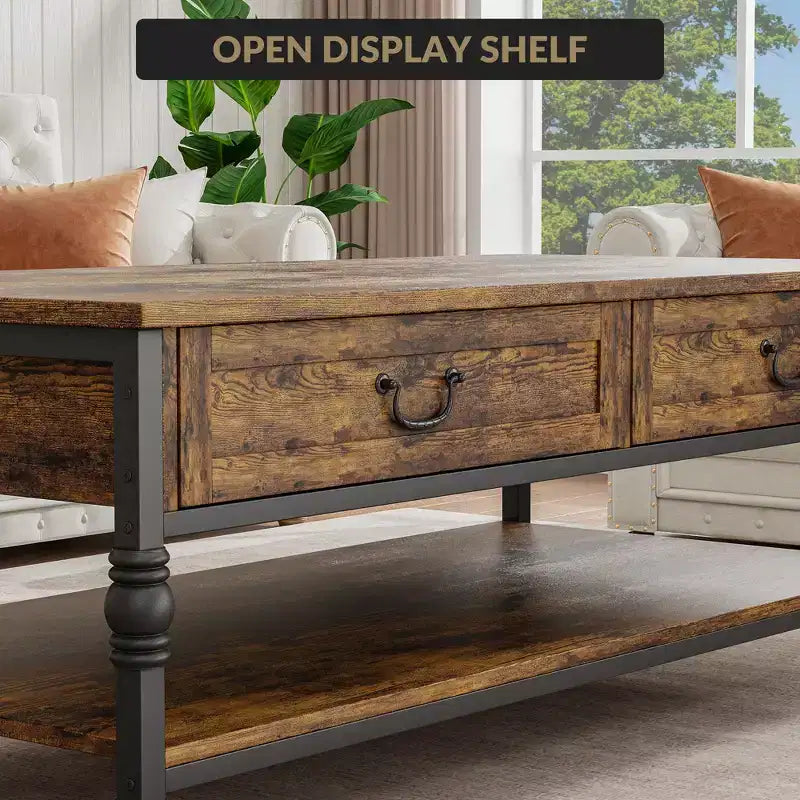 2 tiroirs et étagère ouverte, Table basse vintage en bois pour salon,