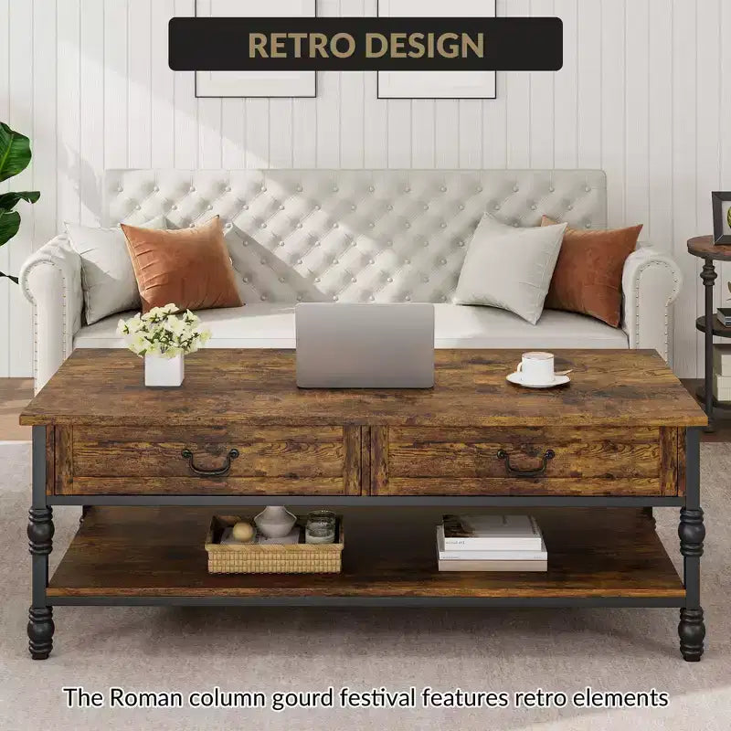 2 tiroirs et étagère ouverte, Table basse vintage en bois pour salon,