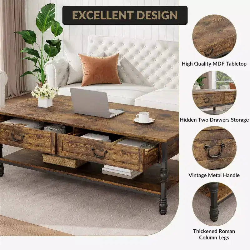 2 tiroirs et étagère ouverte, Table basse vintage en bois pour salon,