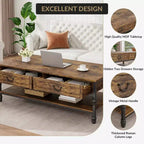 2 tiroirs et étagère ouverte, Table basse vintage en bois pour salon,
