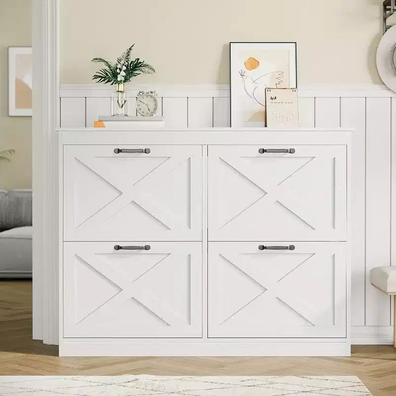 Meuble à chaussures avec 4 tiroirs basculants, armoire à chaussures étroite, organisateur de rangement en bois autoportant, rangement mince dissimulé pour entrée, couloir