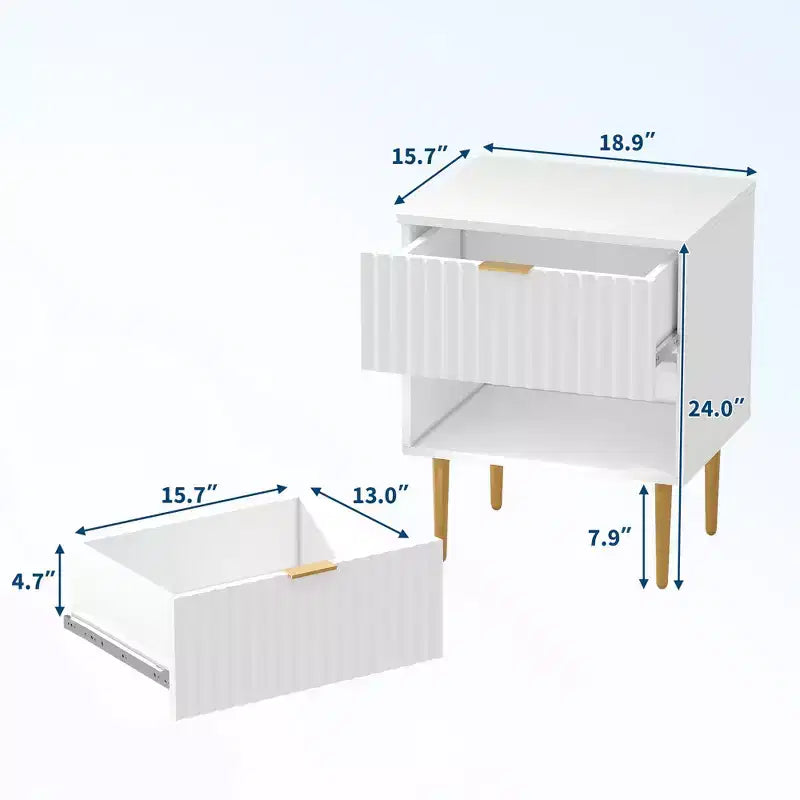 24Table de chevet moderne cannelée avec station de charge et 2 tiroirs, table de chevet en or et bois avec ports USB et prises, pour chambre à coucher, appartement