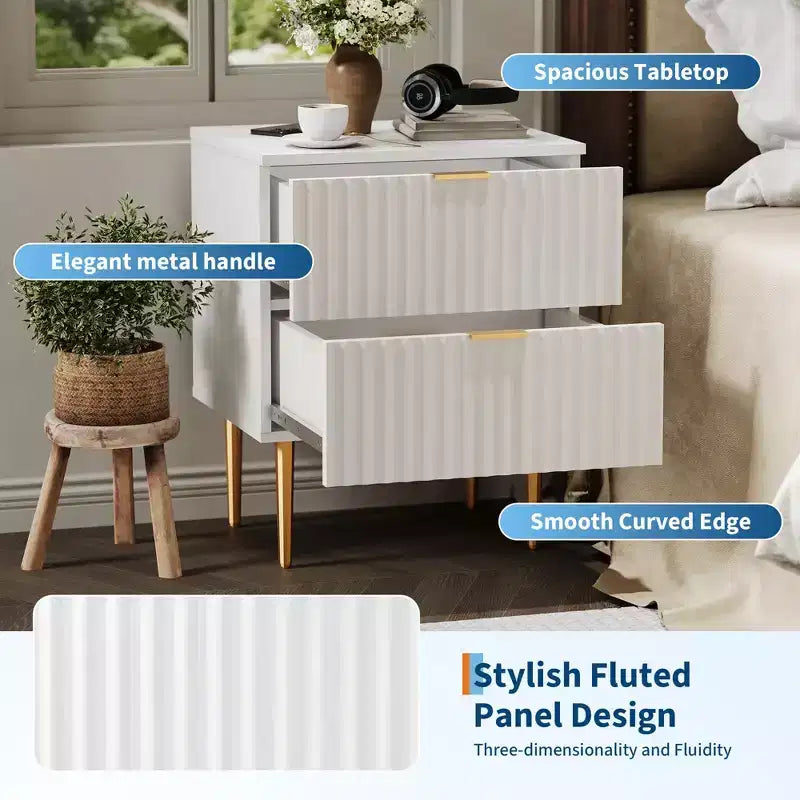 24Table de chevet moderne cannelée avec station de charge et 2 tiroirs, table de chevet en or et bois avec ports USB et prises, pour chambre à coucher, appartement