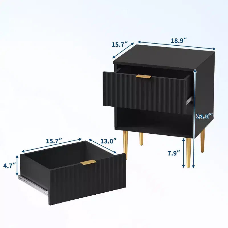 24Table de chevet moderne cannelée avec station de charge et 2 tiroirs, table de chevet en or et bois avec ports USB et prises, pour chambre à coucher, appartement