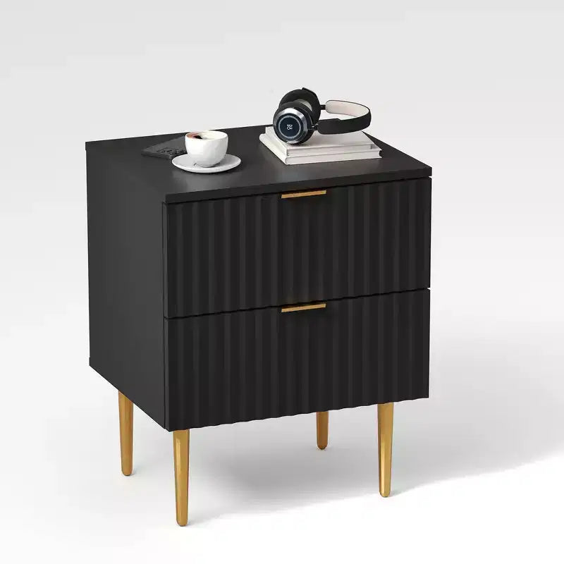 24Table de chevet moderne cannelée avec station de charge et 2 tiroirs, table de chevet en or et bois avec ports USB et prises, pour chambre à coucher, appartement