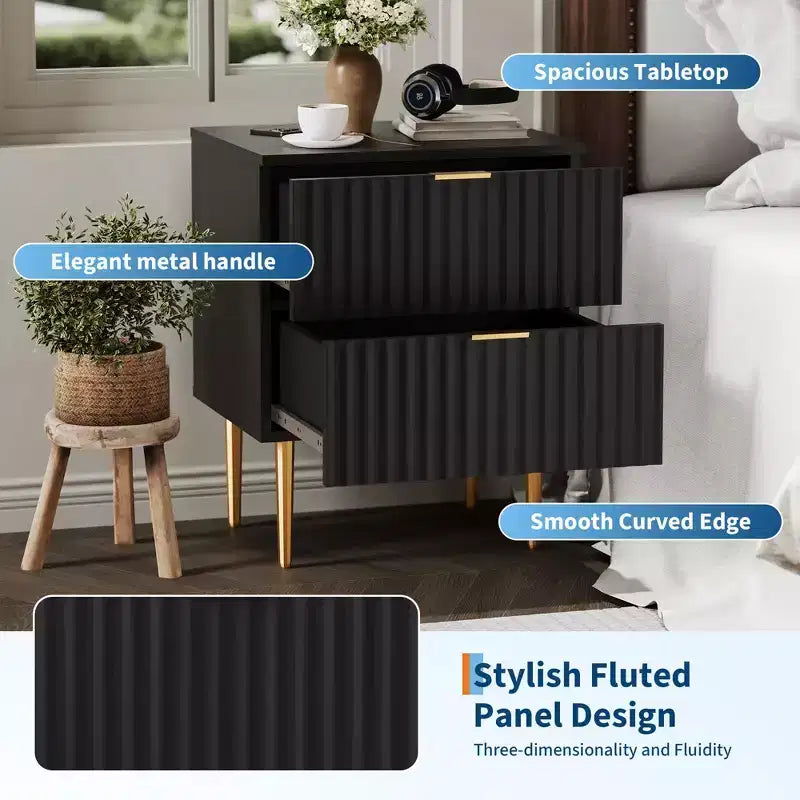 24Table de chevet moderne cannelée avec station de charge et 2 tiroirs, table de chevet en or et bois avec ports USB et prises, pour chambre à coucher, appartement