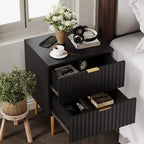 24Table de chevet moderne cannelée avec station de charge et 2 tiroirs, table de chevet en or et bois avec ports USB et prises, pour chambre à coucher, appartement