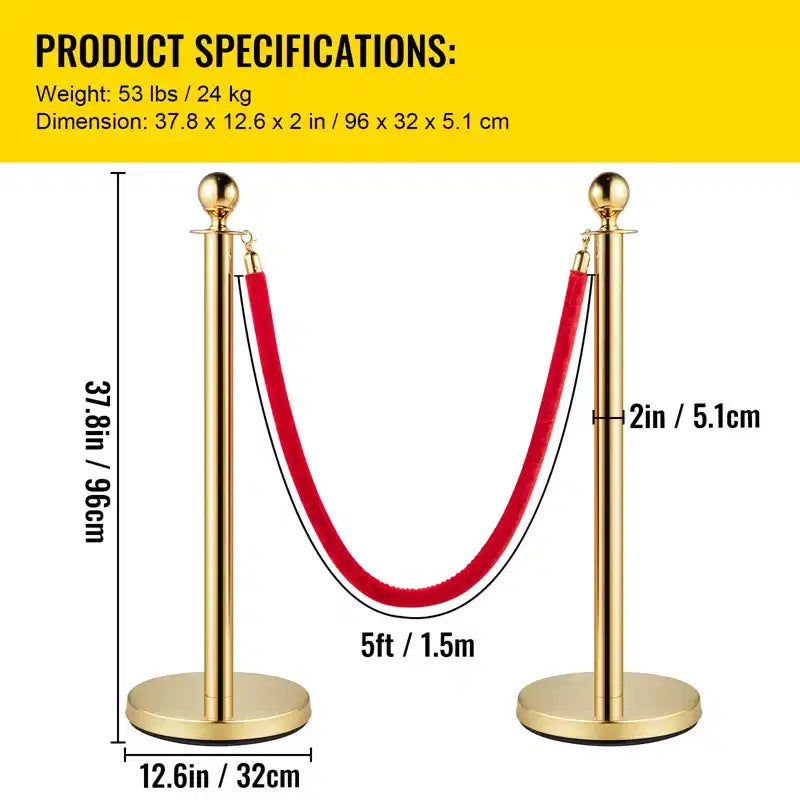 Poteaux et cordons en velours VEVOR, cordon rouge de 1,5 m, poteaux de délimitation dorés en acier inoxydable avec embout sphérique, barrière de contrôle de foule rouge utilisée pour les théâtres, dorée