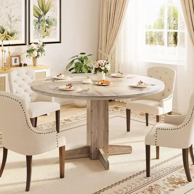Table à manger ronde en bois de 47" avec base piédestal robuste, tables à dîner circulaires de style ferme pour 4 à 6 personnes
