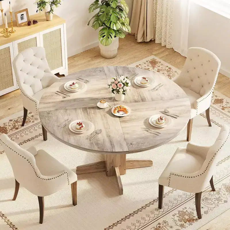 Table à manger ronde en bois de 47" avec base piédestal robuste, tables à dîner circulaires de style ferme pour 4 à 6 personnes