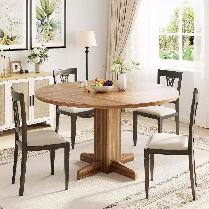 Table à manger ronde en bois de 47" avec base piédestal robuste, tables à dîner circulaires de style ferme pour 4 à 6 personnes