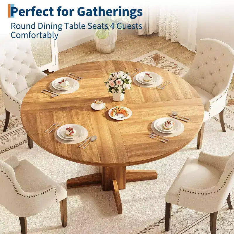 Table à manger ronde en bois de 47" avec base piédestal robuste, tables à dîner circulaires de style ferme pour 4 à 6 personnes