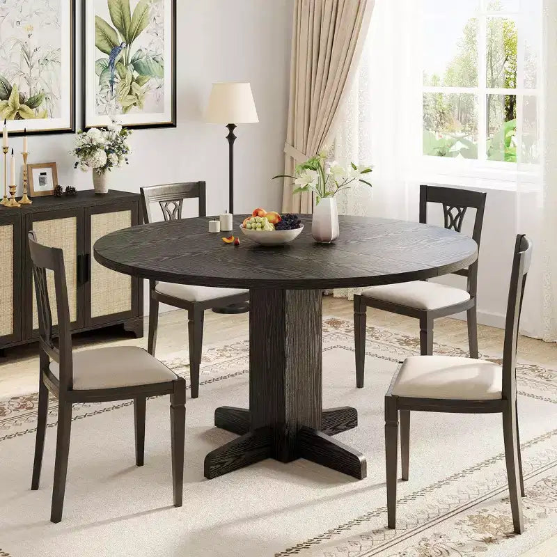 Table à manger ronde en bois de 47" avec base piédestal robuste, tables à dîner circulaires de style ferme pour 4 à 6 personnes