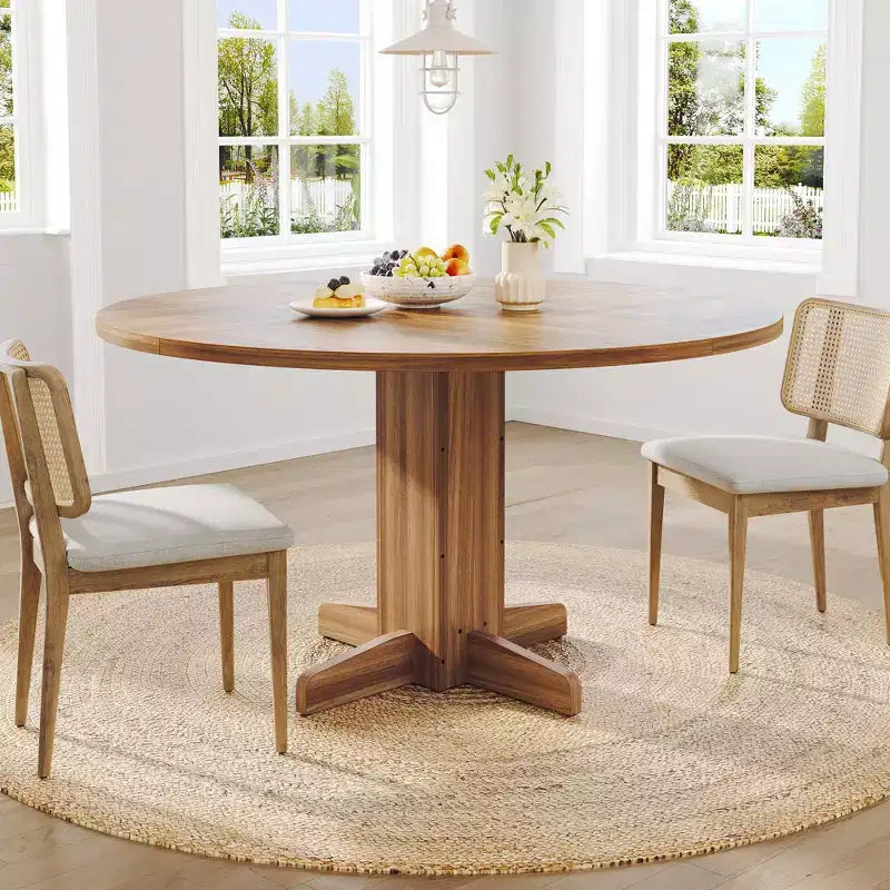 Table à manger ronde en bois de 47" avec base piédestal robuste, tables à dîner circulaires de style ferme pour 4 à 6 personnes