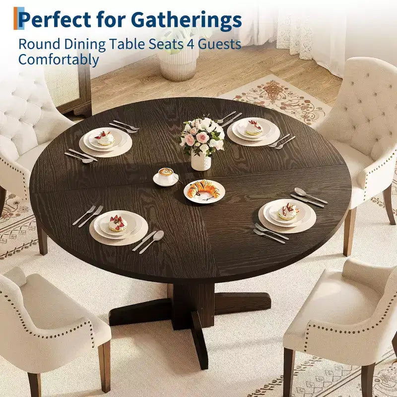 Table à manger ronde en bois de 47" avec base piédestal robuste, tables à dîner circulaires de style ferme pour 4 à 6 personnes