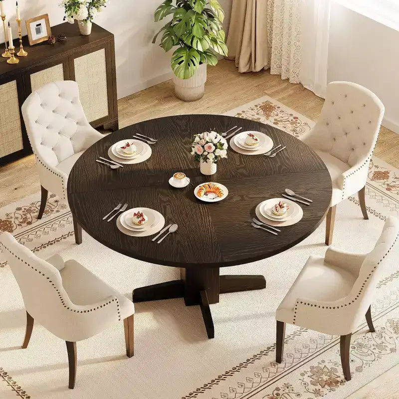 Table à manger ronde en bois de 47" avec base piédestal robuste, tables à dîner circulaires de style ferme pour 4 à 6 personnes