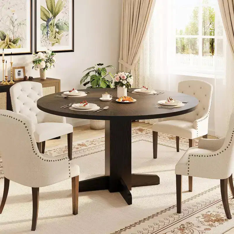 Table à manger ronde en bois de 47" avec base piédestal robuste, tables à dîner circulaires de style ferme pour 4 à 6 personnes