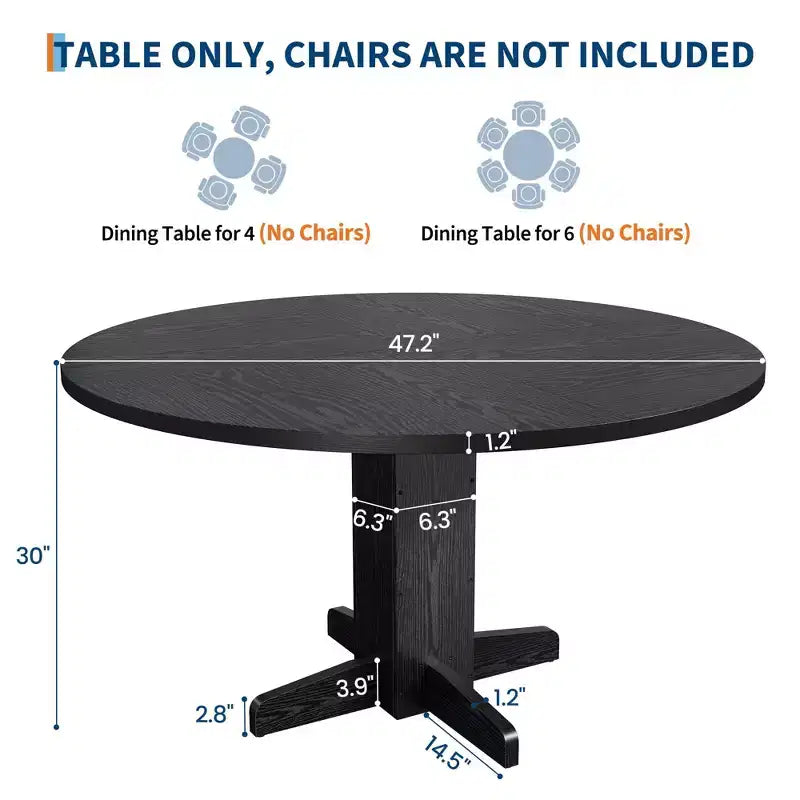 Table à manger ronde en bois de 47" avec base piédestal robuste, tables à dîner circulaires de style ferme pour 4 à 6 personnes