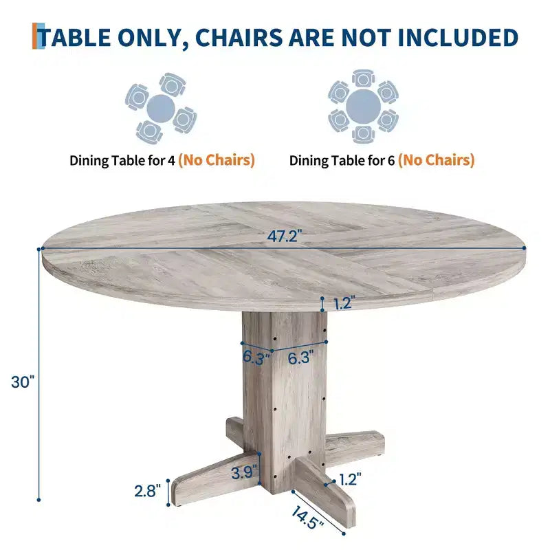 Table à manger ronde en bois de 47" avec base piédestal robuste, tables à dîner circulaires de style ferme pour 4 à 6 personnes