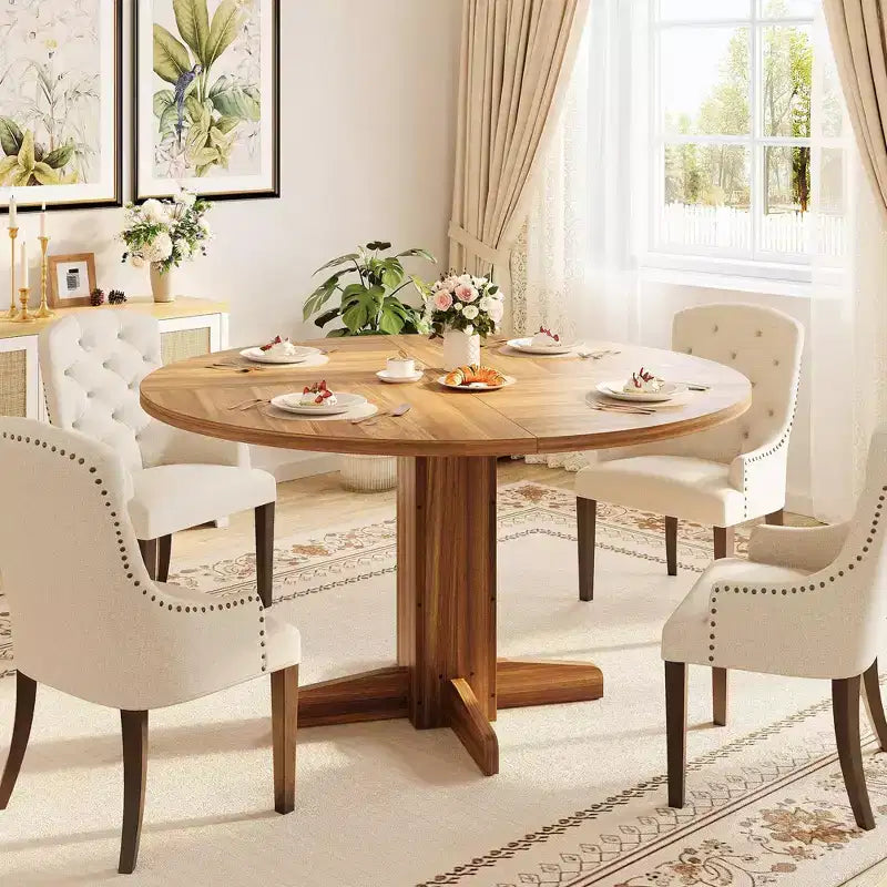 Table à manger ronde en bois de 47" avec base piédestal robuste, tables à dîner circulaires de style ferme pour 4 à 6 personnes