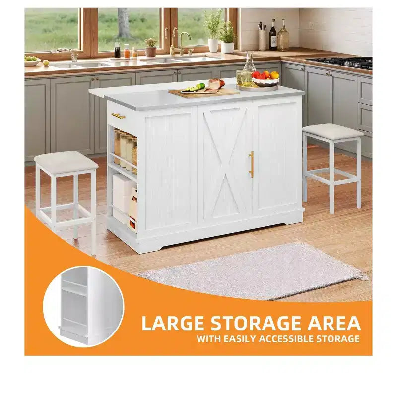 Îlots de Cuisine Roulants avec Poubelle Intégrée et Sièges, Table à Manger Pliante avec 2 Tabourets, Table à Manger Roulante avec Prise Électrique, Étagère à Épices