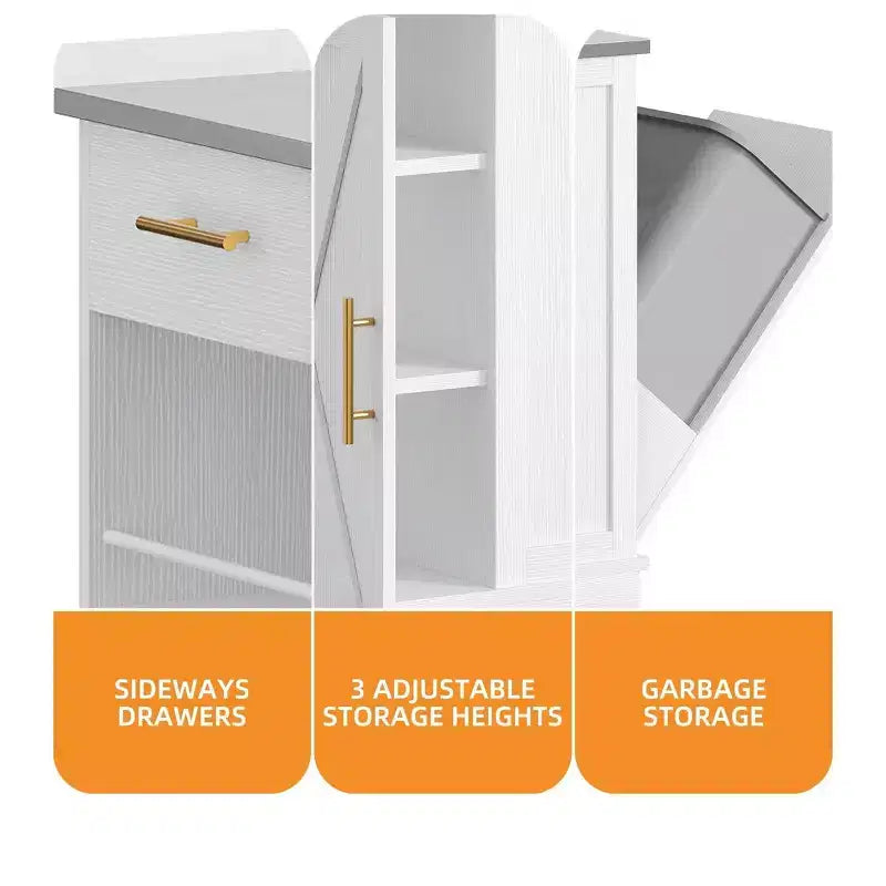Îlots de Cuisine Roulants avec Poubelle Intégrée et Sièges, Table à Manger Pliante avec 2 Tabourets, Table à Manger Roulante avec Prise Électrique, Étagère à Épices