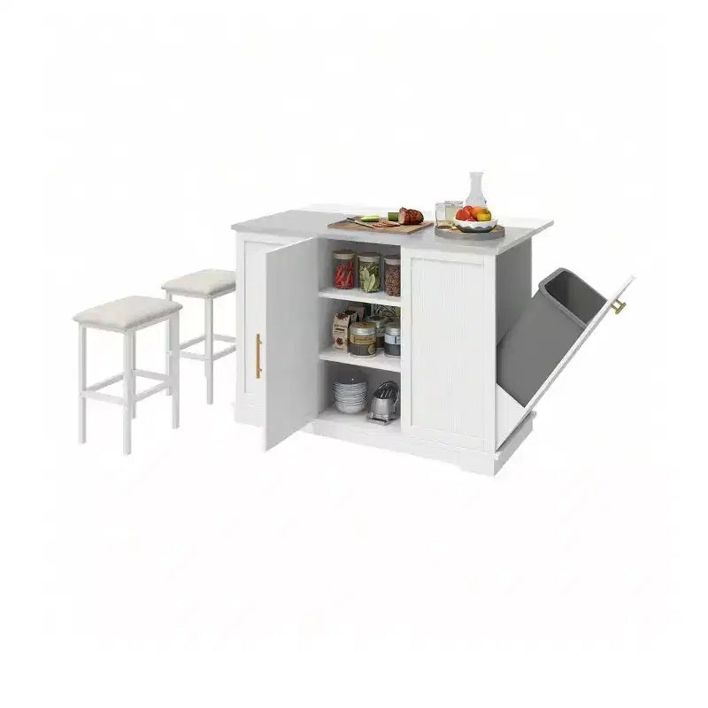Îlots de Cuisine Roulants avec Poubelle Intégrée et Sièges, Table à Manger Pliante avec 2 Tabourets, Table à Manger Roulante avec Prise Électrique, Étagère à Épices
