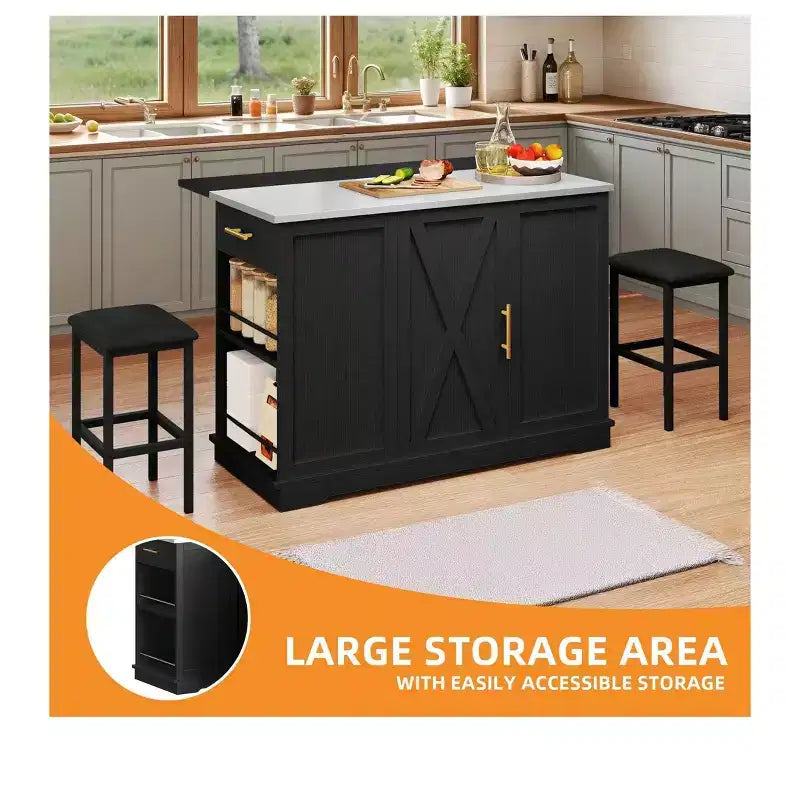 Îlots de Cuisine Roulants avec Poubelle Intégrée et Sièges, Table à Manger Pliante avec 2 Tabourets, Table à Manger Roulante avec Prise Électrique, Étagère à Épices