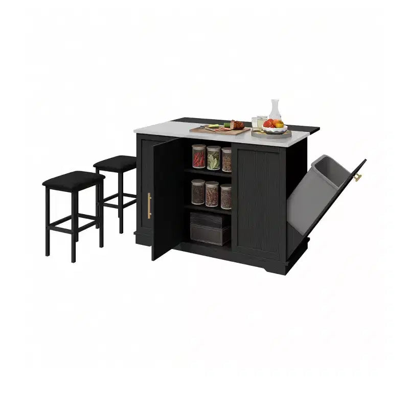 Îlots de Cuisine Roulants avec Poubelle Intégrée et Sièges, Table à Manger Pliante avec 2 Tabourets, Table à Manger Roulante avec Prise Électrique, Étagère à Épices