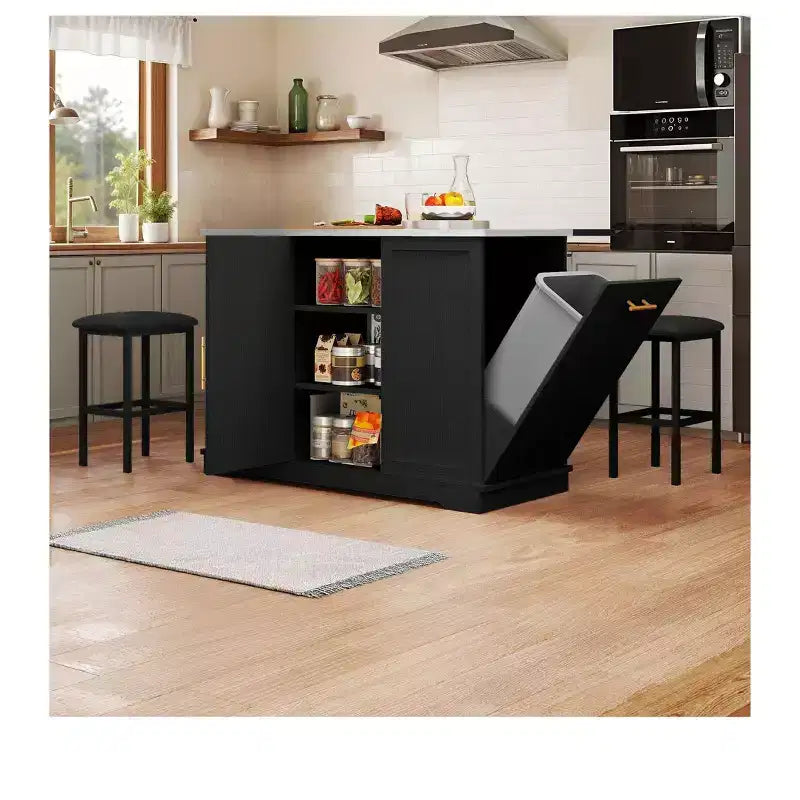 Îlots de Cuisine Roulants avec Poubelle Intégrée et Sièges, Table à Manger Pliante avec 2 Tabourets, Table à Manger Roulante avec Prise Électrique, Étagère à Épices