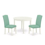 Round Dining Table Set 3pc French Country Kitchen Table & Chairs Linen White Legs Pond PU Leather