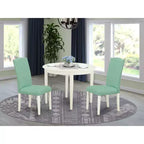Ensemble table à manger ronde 3 pièces, style campagnard français, table et chaises, pieds blanc lin, cuir PU Pond