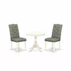 3-Piece Linen White Finish Solid Wood Top - Round Button Tufted Dining Room Set - Seats 4