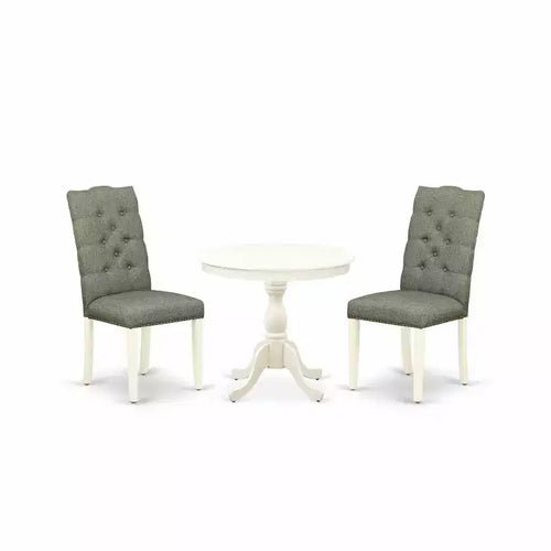 3-Piece Linen White Finish Solid Wood Top - Round Button Tufted Dining Room Set - Seats 4