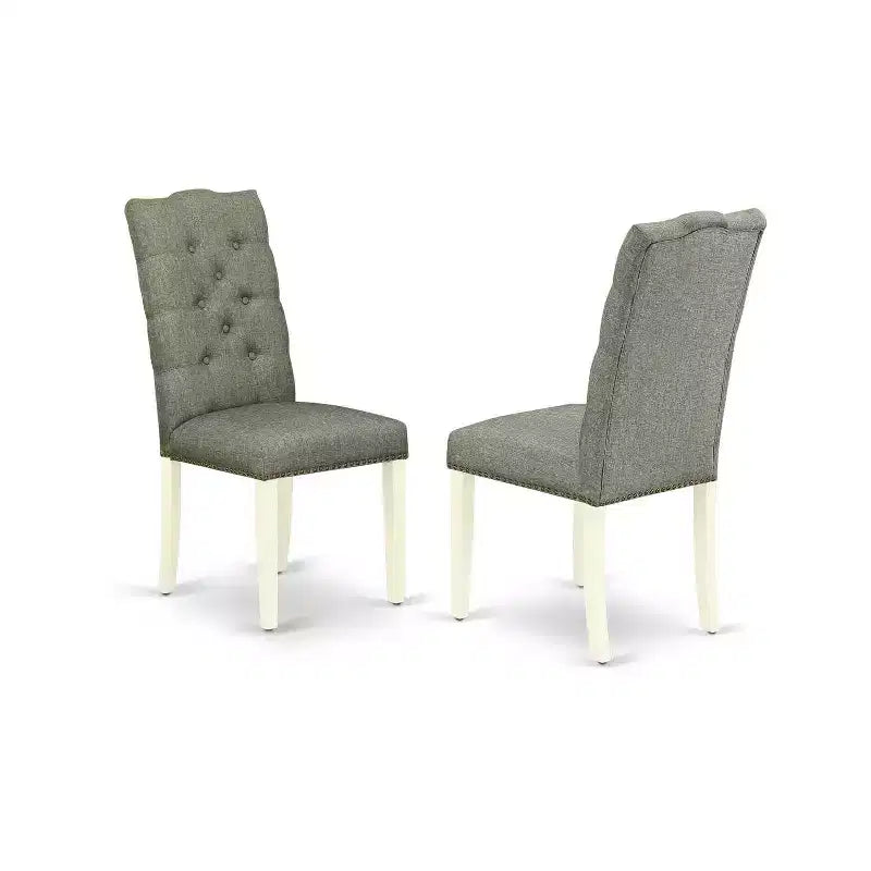 Ensemble de salle à manger 3 pièces en lin blanc avec dessus en bois massif – Boutons touffetés ronds – 4 places