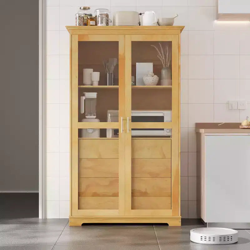 TOPMAX Garde-manger de cuisine 44,7x20x75 pouces, armoire de rangement de cuisine autoportante avec portes vitrées et 4 tiroirs intégrés pour salon