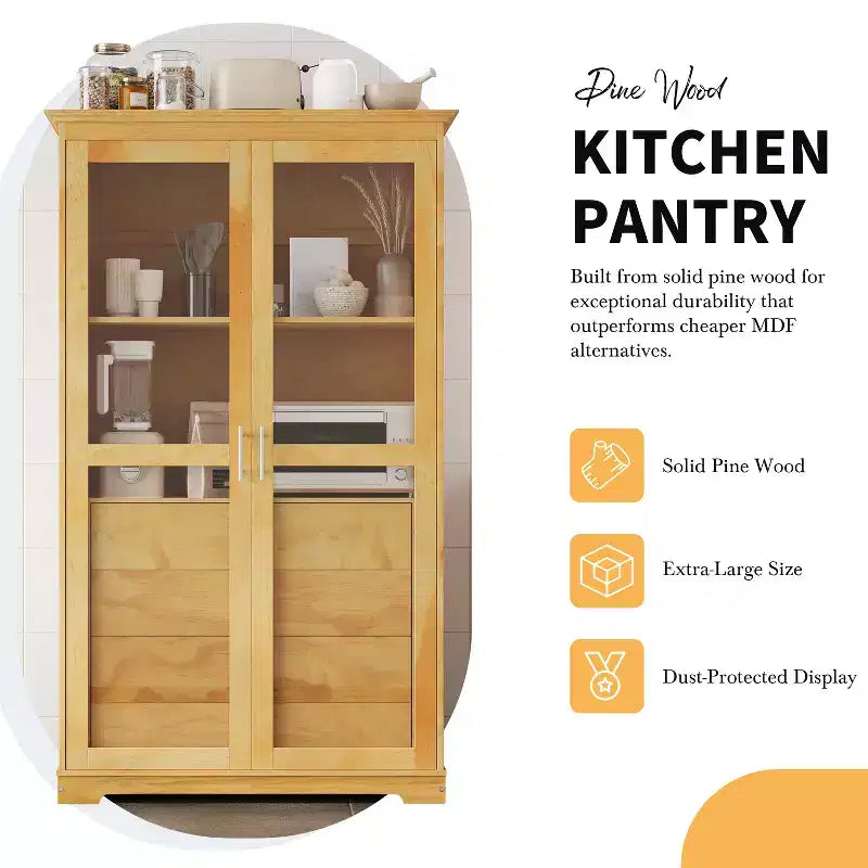 TOPMAX Garde-manger de cuisine 44,7x20x75 pouces, armoire de rangement de cuisine autoportante avec portes vitrées et 4 tiroirs intégrés pour salon