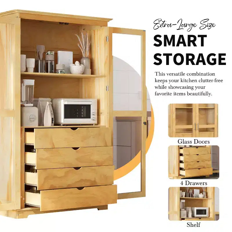 TOPMAX Garde-manger de cuisine 44,7x20x75 pouces, armoire de rangement de cuisine autoportante avec portes vitrées et 4 tiroirs intégrés pour salon