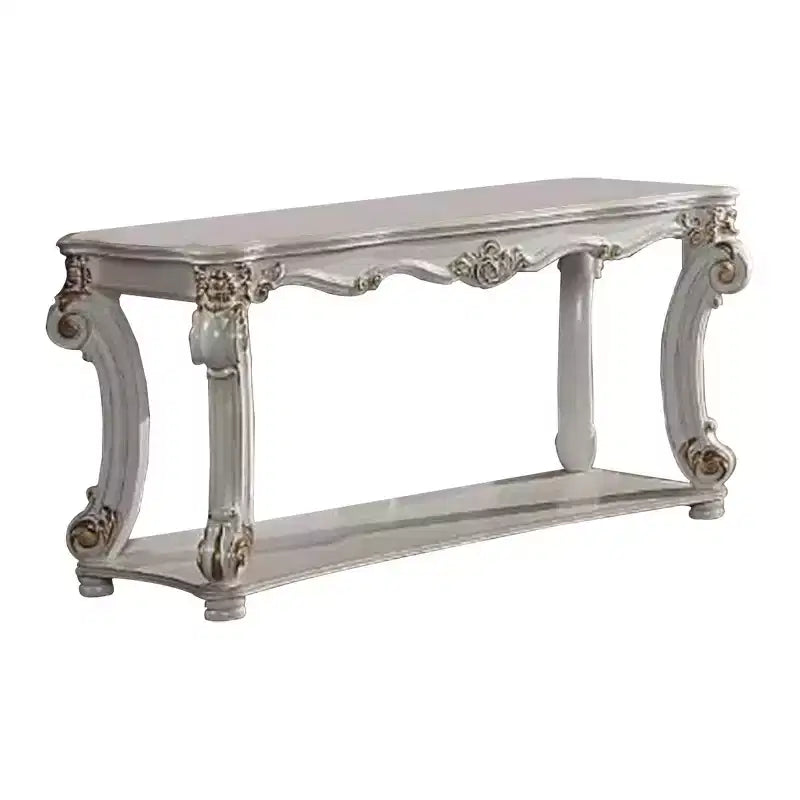 Console de canapé Royal Hampton de 58 pouces, pieds roulés classiques, or brossé, étagère
