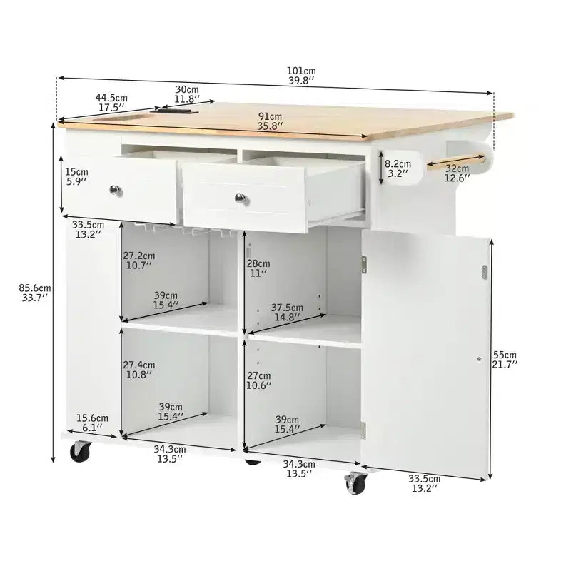 PexFix 39,8 po L x 33,7 po H Îlot de cuisine avec abattant, casier à vin et rangement réglable, blanc