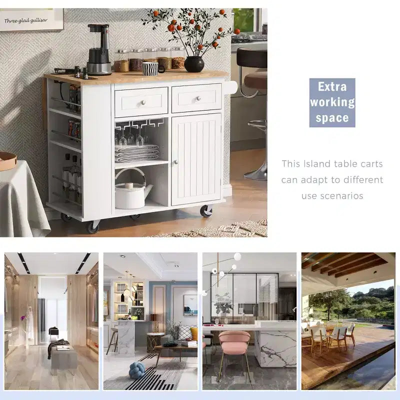 PexFix 39,8 po L x 33,7 po H Îlot de cuisine avec abattant, casier à vin et rangement réglable, blanc