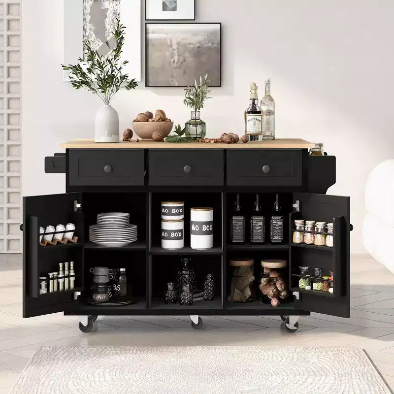Pexfix Îlot de cuisine avec armoire de rangement et 3 tiroirs, chariot de cuisine avec plan de travail rabattable en bois de caoutchouc, étagères de rangement pour salle à manger, noir