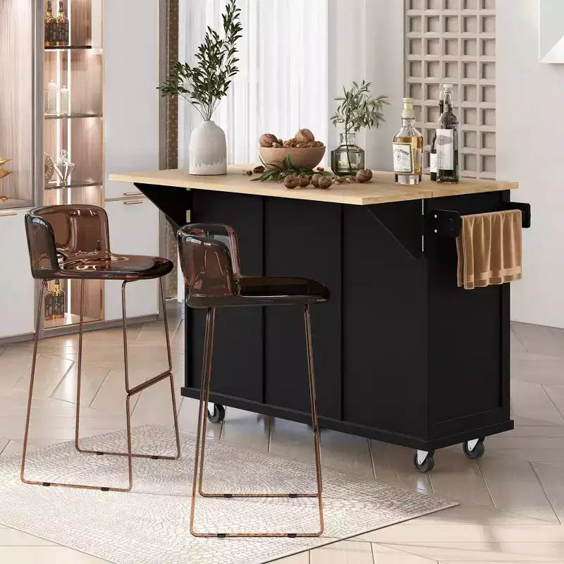 Pexfix Îlot de cuisine avec armoire de rangement et 3 tiroirs, chariot de cuisine avec plan de travail rabattable en bois de caoutchouc, étagères de rangement pour salle à manger, noir