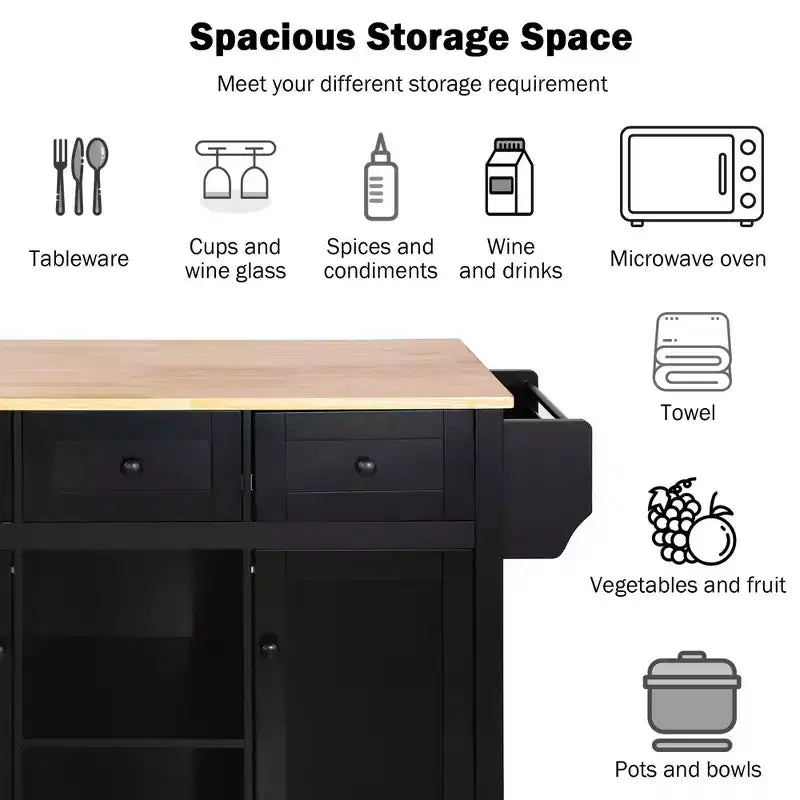 Pexfix Îlot de cuisine avec armoire de rangement et 3 tiroirs, chariot de cuisine avec plan de travail rabattable en bois de caoutchouc, étagères de rangement pour salle à manger, noir